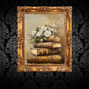 Vintage Books & Blossoms Digital Painting, Book Lover Gift bookworm, gift for her, Cozy Library Wall Art Download, Feminine Art