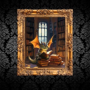 Baby Book Dragon in Library – Whimsical Fantasy Art Print, Dragon Reading Painting, Magical Creature Wall Decor, Cozy Book Nook Illustration