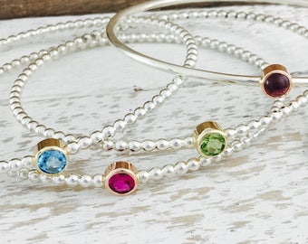 Stacker Bangle in 9ct Gold & Silver with choice of stones. Silver birthstone beaded bangle bracelet