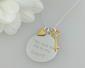 Designer heart & key necklace. 'You have the key to my Heart' Sterling Silver necklace with Yellow gold heart and key