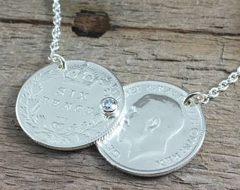 Custom sixpence Double Coin necklace, NO stone set, lucky sixpence