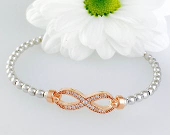 Designer Infinity Sterling Silver Bead Stretch Stacker Bracelet with Rose gold pave set Infinity