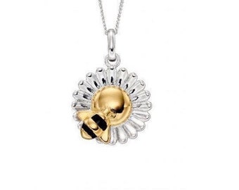 Silver flower and Gold bee Pendant