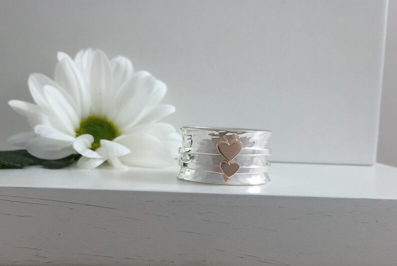 Handmade Heart worry ring, Spinner fidget ring, 9ct solid gold & sterling Silver Spinner stacker, rose gold valentines day image 2