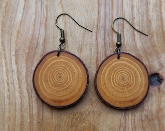 Natural, light wood earrings made of pine and red jasper beads