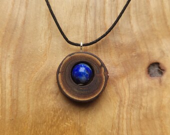Natural, handmade, round, dark wood necklace with lapis lazuli