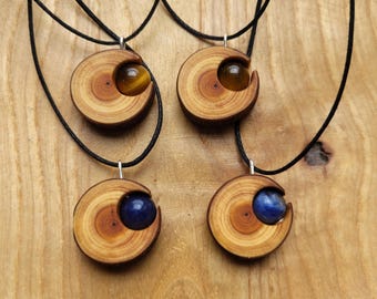 Natural moon necklace made from yew wood with brown tiger's eye or blue sodalite gemstone - handmade, vegan and sustainable