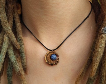 Natural wooden moon necklace with blue sodalite gemstone - handmade, vegan and sustainable