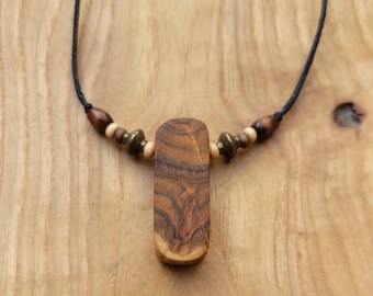 Handmade, elongated wooden necklace, vegan, made from smoke tree wood