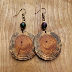 Könnte beinhalten: Ein Paar runde, kreisförmige Holzohrringe. Die Ohrringe sind aus hellem braunem Holz mit dunkelbraunen Ringen gefertigt. Jeder Ohrring hat eine dunkelgrüne und violette Edelsteinperle, die daran hängt.