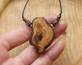 Natural, rustic wooden necklace made of beech and green moss agate gemstone beads