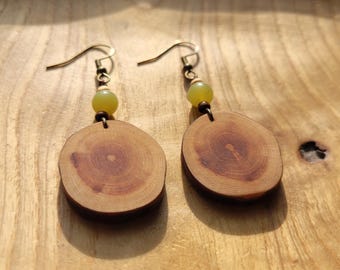 Natural wooden earrings with green gemstone beads jade, handmade and vegan