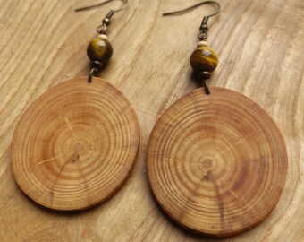 Natural, large wooden earrings made from softwood with tiger's eye, natural, vegan & ecological *Unique*