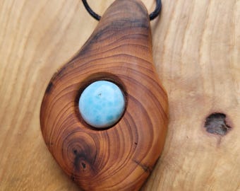 Larimar, a unique, natural, large yew wood amulet with larimar.