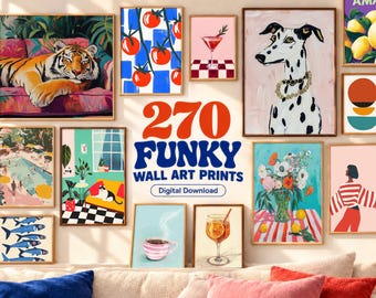 Op de afbeelding: Een collectie van 270 muurkunstprints met diverse illustraties waaronder een tijger, tomaten, een hond, citroenen, een zwembad, een kat, vissen, een koffiekopje, een cocktail en een persoon, met de tekst 270 FUNKY WALL ART PRINTS.
