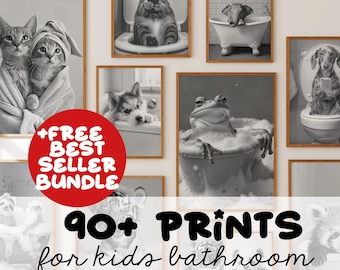 Funny Animal Bathroom Prints | Kids Bath Decor, Bathtub Wildlife Art (Digital Download)