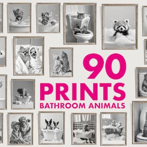 Juego de 90 impresiones de animales para el baño, arte de pared, decoración de baño, pingüino en la bañera, animal en la bañera, animales sentados en el inodoro
