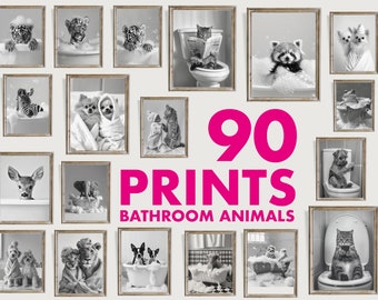 Set of 90 Bathroom Animals Wall Art, Bathroom Prints, Bathroom Decor, Penguin in Bathtub, Animal in Bathtub, Animals Sitting on Toilet Art