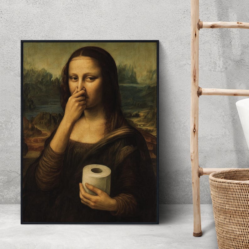 May include: Framed art print featuring a parody of the Mona Lisa. The painting depicts the subject holding a roll of toilet paper and covering her nose. The artwork is in a black frame and has a vintage aesthetic.