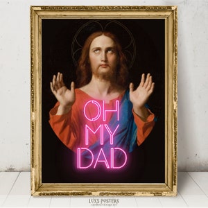 Altered Art Jesus Pink Neon Print, Maximalist Decor Eclectic gallery wall set, funny poster, Dorm room y2k, renaissance baroque ironic art
