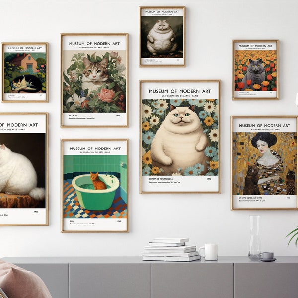 Set of 8 cat Exhibition Posters, Eclectic animal art print, home decor, funny cat print, cat mom gift, feline illustration, cat bathroom art