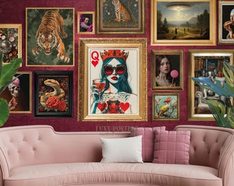 May include: A collection of framed art prints, including a tiger, a snake with roses, and a woman holding a glass of wine. The prints are displayed on a burgundy wall above a pink sofa with pillows. The text "LUXX POSTERS" is visible.