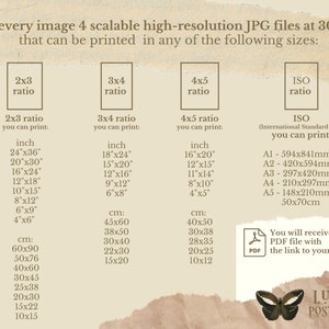 May include: Print size guide with ratios and dimensions in inches and centimeters. Includes 2x3, 3x4, 4x5, and ISO ratios. The text also mentions that you will receive a PDF file with the link to your files.
