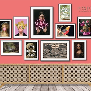 Maximalist decor, Eclectic gallery wall art, Altered Art Prints, Bubble Gum Mona Lisa, Van Gogh, Colorful Vintage Prints