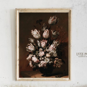Decorazione artistica da parete con tulipani scuri e fiori, natura morta / Stampa floreale vintage / Pittura a olio scura / Arte antica digitale STAMPABILE