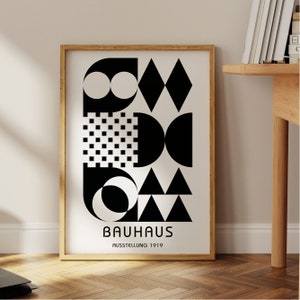 Black Bauhaus Poster Print, Midcentury modern wall art, abstract geometric design, exhibition poster 1919 vintage retro minimalist, 70&#39;s