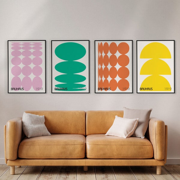 Bauhaus geometric abstract 4 print set poster art, emerald, orange, yellow and pink, minimalist decor retro gallery wall set digital prints