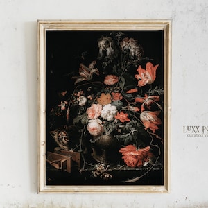 Pittura a olio di fiori d'arte Dark Academia / Arte floreale da parete natura morta / Arte Moody Vintage / Download digitale stampabile