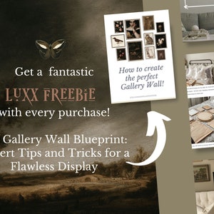 May include: Image promoting a gallery wall guide. Text includes "Get a fantastic LUXX FREEBIE with every purchase!" and "How to create the perfect Gallery Wall!" A butterfly graphic and a landscape painting are also visible.