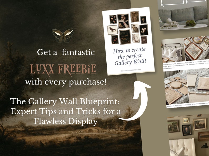 May include: Image promoting a gallery wall guide. Text includes "Get a fantastic LUXX FREEBIE with every purchase!" and "How to create the perfect Gallery Wall!" A butterfly graphic and a landscape painting are also visible.