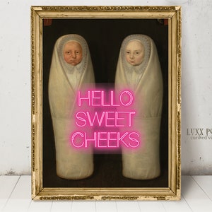 Funny Bathroom Art Print: Vintage Twins Portrait, 'Hello Sweet Cheeks' (Digital Download)