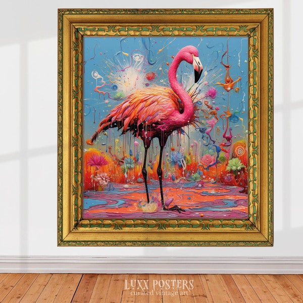 Art mural maximaliste éclectique, peinture flamant rose, art flamant rose, décor flamant rose, art mural extra large, impression d'art graffiti moderne, art ai