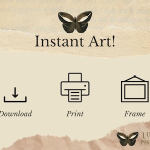Op de afbeelding: Instant Art! Download, print en lijst je digitale kunst. De afbeelding toont een downloadpictogram, een printerpictogram en een lijstpictogram.