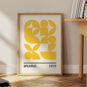 Impresión de póster amarillo Bauhaus, arte mural moderno de mediados de siglo, diseño geométrico abstracto, póster de exposición de 1919, minimalista retro vintage, años 70
