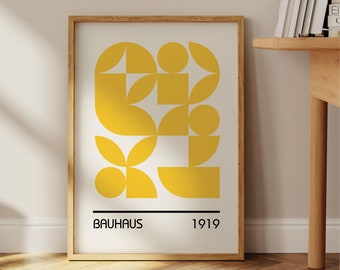 Bauhaus Yellow Poster Print, Midcentury modern wall art, abstract geometric design, exhibition poster 1919 vintage retro minimalist, 70's