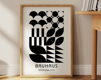 Zwarte Bauhaus poster geometrische print grote afdrukbare esthetische kamer decor jaren '70 trendy monochrome muur kunst Bauhaus stijl poster retro