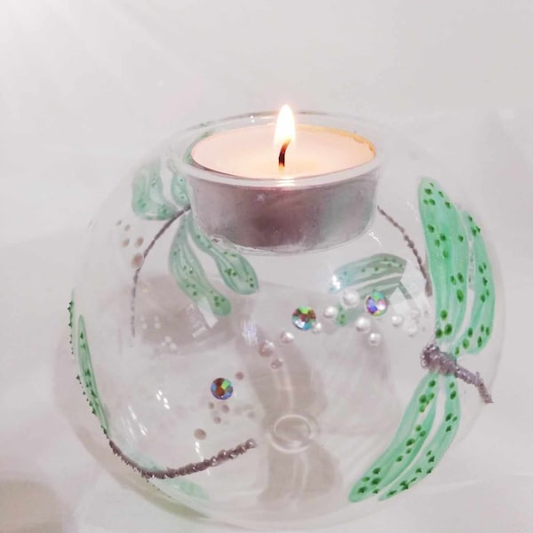 Dragonfly Tealight Holder, Handpainted Dragonfly Gift, Glass Sphere Tealight Holder