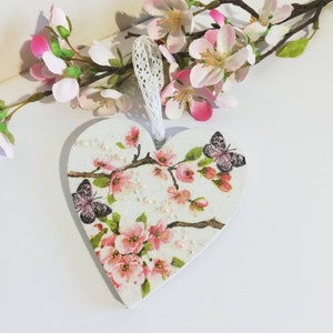Small Cherry Blossom and Butterfly Wooden Heart Hanging Plaque, Decorated Heart Gift, Home Decor