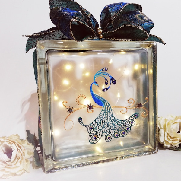 Peacock light, Room Decoration, Peacock Lover Gift, Lighted Glass Block