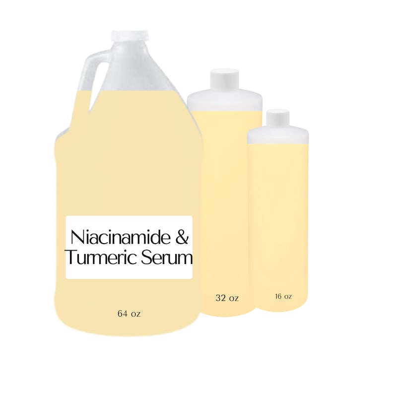 May include: Three clear plastic bottles filled with a yellow liquid. The largest bottle has a handle and a label that reads "Niacinamide & Turmeric Serum" and "64 oz". The other two bottles are labeled "32 oz" and "16 oz".