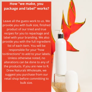 May include: White pump bottle and a small white oval bottle on a clear glass stand, with a red and yellow flower in the background. Text on a red background reads: "How 'we make, you package and label' works?"