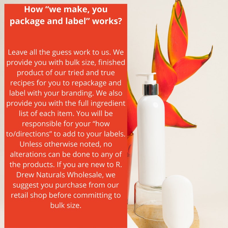 May include: White pump bottle and a small white oval bottle on a clear glass stand, with a red and yellow flower in the background. Text on a red background reads: "How 'we make, you package and label' works?"