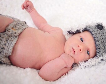 Crochet Trapper Hat and Diaper Cover/ Photography Prop