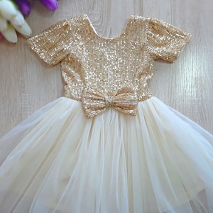 Flower girl dress, Girls gold sequin dress, toddler sparkly dress Christmas girl dress