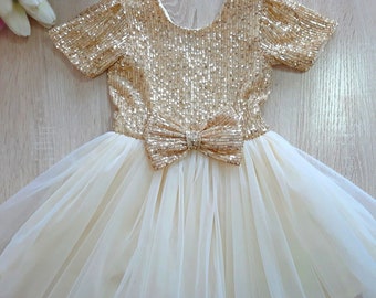 Flower girl dress, Girls gold sequin dress, toddler sparkly dress Christmas girl dress