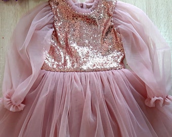 Rose Gold Sequin Tulle Dress: Long Sleeve Flower Girl Outfit